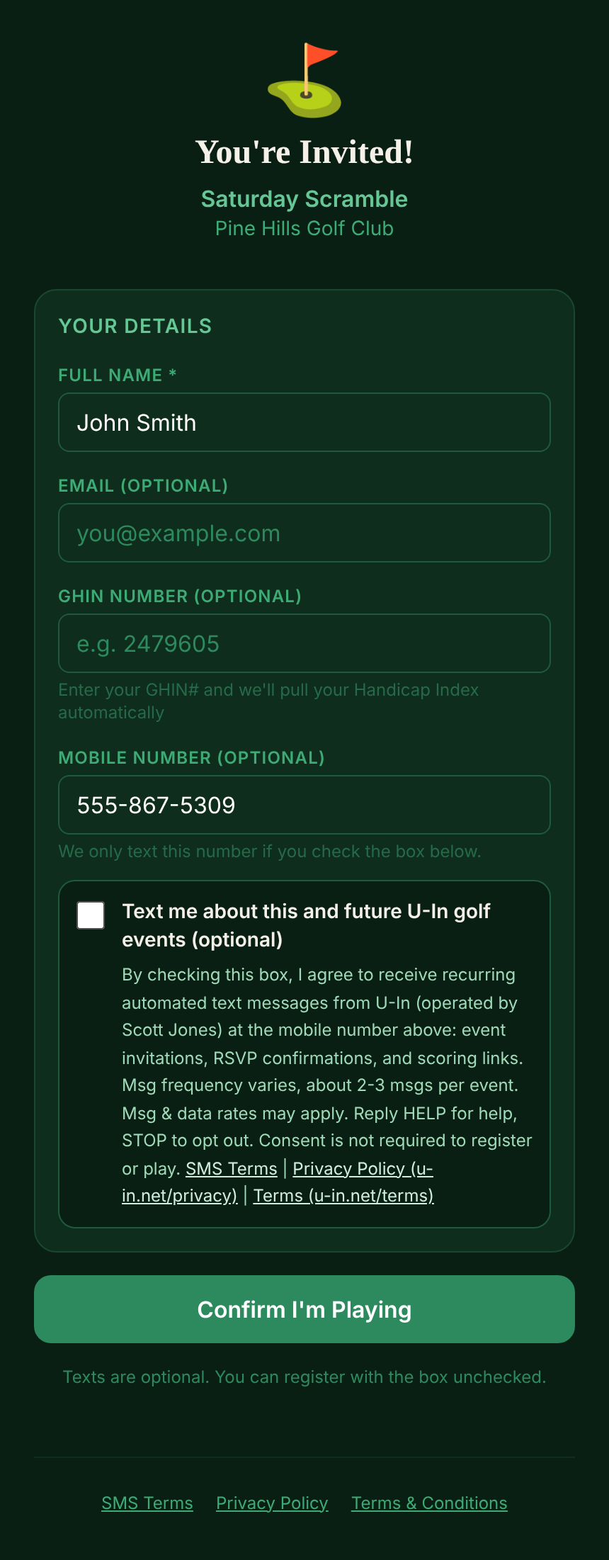 U-In event registration form with an optional mobile number field and an unchecked, optional SMS consent checkbox